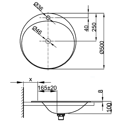 Раковина встраиваемая снизу (50х50) Bette Lux Oval Couture A220-000 HLW1