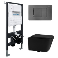 Комплект подвесной унитаз ABBER Rechteck AC1201MB черный матовый с инсталляцией AC0105 и кнопкой AC0120NG никель