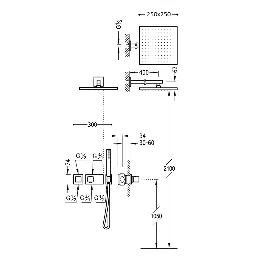 Душевой комплект Tres 20725211, скрытый термостат, глянец, хром