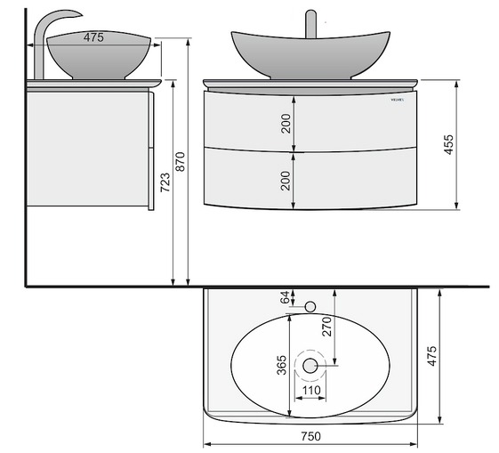 Тумба под раковину RAVAL подвесная 75 Mono Mono.01.75/P/W/RL
