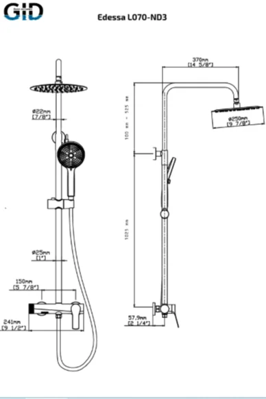 Душевая система с изливом Gid Edessa L070-GM-ND3, вороненая сталь