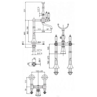 Смеситель на борт ванны с ручным душем Cezares Diamond DIAMOND-PBV-03/24-Sw-N