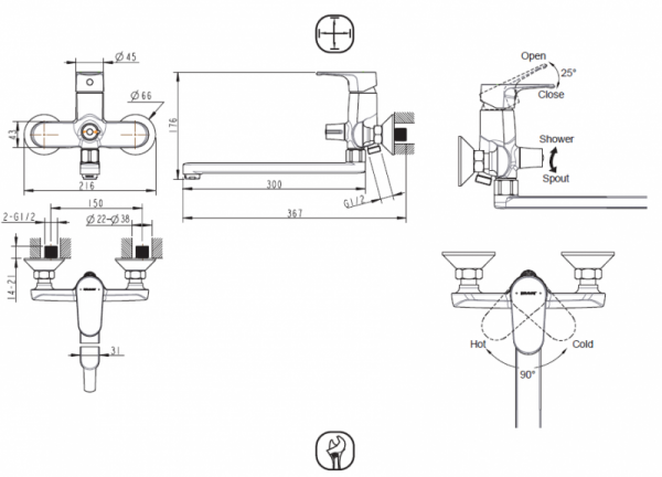 Смеситель для ванны c длинным изливом Bravat Alfa, черный F6120178BC-01L
