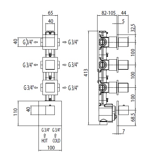 Внутренняя часть термостата с девиатором Bossini Oki/Cube на 6 потребителей Z030273000
