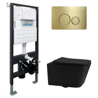 Комплект подвесной унитаз ABBER Rechteck AC1201MB черный матовый с инсталляцией AC0105 и кнопкой AC0121MMG золото матовое