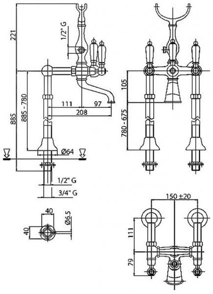 Смеситель для ванны Cezares FIRST FIRST-VDP-03-M золото