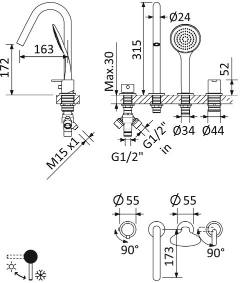 Смеситель на борт ванны Cezares LEAF-BVDM4-L-MM