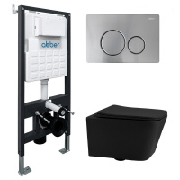 Комплект подвесной унитаз ABBER Rechteck AC1201MB черный матовый с инсталляцией AC0105 и кнопкой AC0121MCH матовый хром