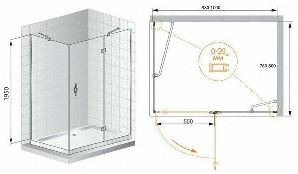 Душевой уголок (100х80) CEZARES BERGAMO BERGAMO-W-AH-1-100/80-C-Cr-R