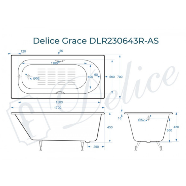 Ванна чугунная (170х70) Delice Grace DLR230643R-AS с отверстиями под ручки Ванна чугунная (170х70) Delice Grace DLR230643R-AS с отверстиями под ручки