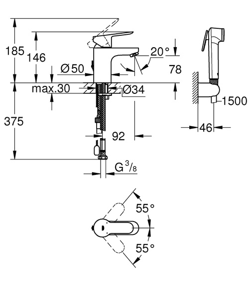 Смеситель для раковины Grohe BauEdge с гигиеническим душем 23757 000 (23757000) хром