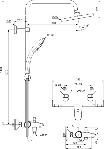 Душевая система с термостатическим смесителем для ванны/душа Ideal Standard Ceratherm T25 A7590AA (307111)