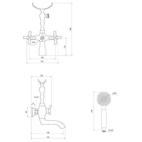 Смеситель Славен  для ванны Коттедж А (СЛ-ДВ-А30)