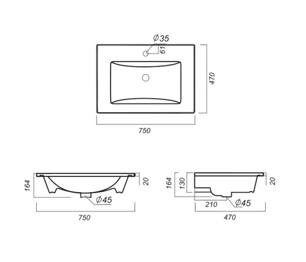 Полувстраиваемая  раковина RAVAL Quadro  QDR75SLWB01