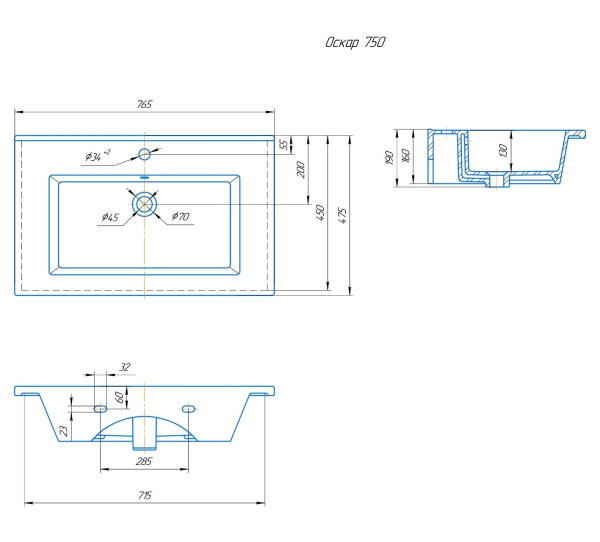 Раковина встраиваемая Onika Оскар 75 4640021062210