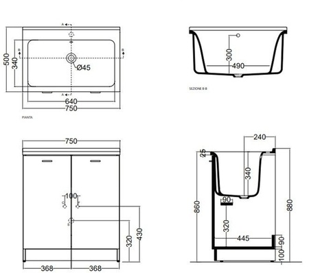 Комплект для постирочной с сифоном Kerasan Aquadom 9164k3*1 белый матовый, с 1 отверстием под смеситель