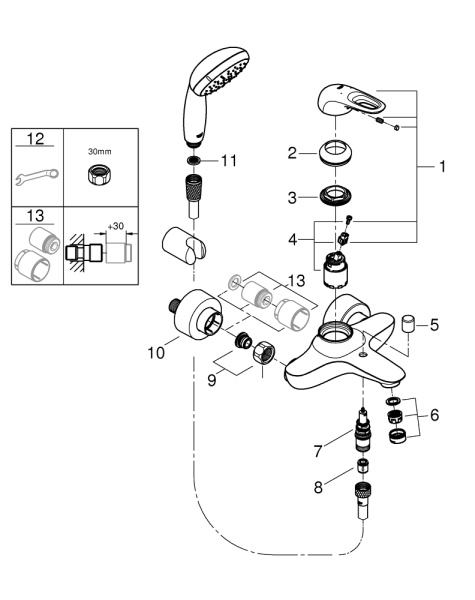 Смеситель для ванны Grohe Eurostyle new с душевым набором, 33592 003 (33592003) хром
