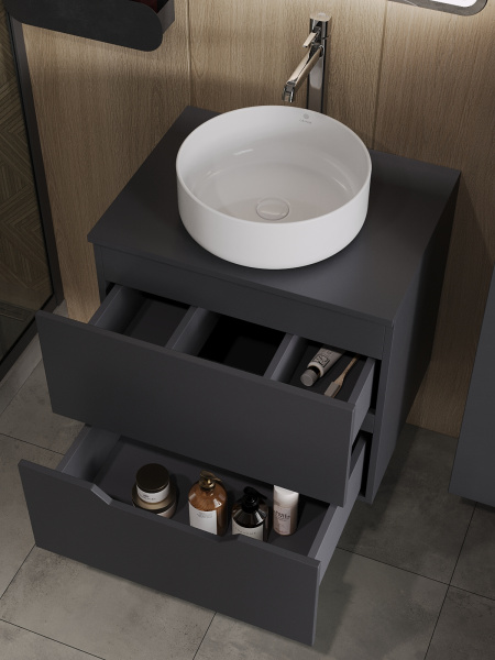 Тумба с раковиной подвесная 60 см, Orange Line Li-60TugMDF+B09-360W графит/белый