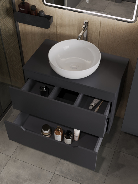 Тумба с раковиной подвесная 80 см, Orange Line Li-80TugMDF+B07-420W графит/белый