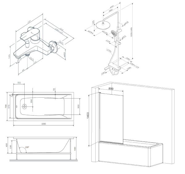 Ванна акриловая W90ASET-170D8 Am.Pm Gem 170x70 с каркасом и шторкой на б/в W90BS-D080-140CT Gem F0790000+F90A1000