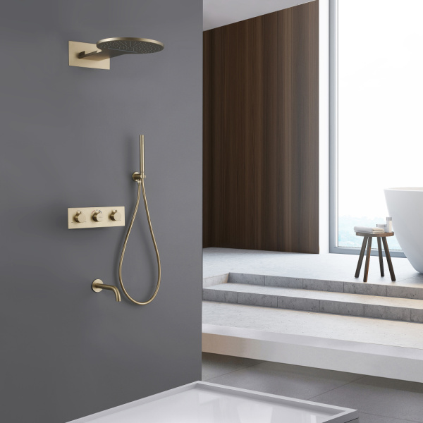 Душевой комплект ABBER Wasser Kreis AF8150G скрытого монтажа с изливом, термостат, золото матовое