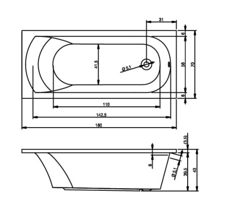 Ванна акриловая Riho Miami (160x70) без гидромассажа B059001005