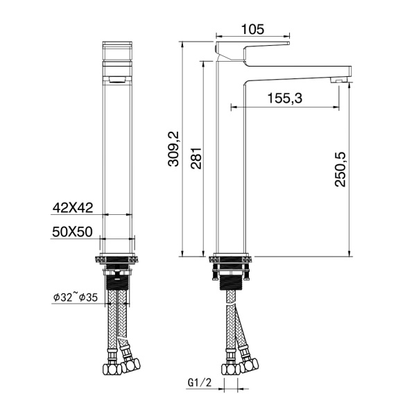 Смеситель для раковины высокий WONZON & WOGHAND CUBE 2.0, темный графит WW-88019068-BGM