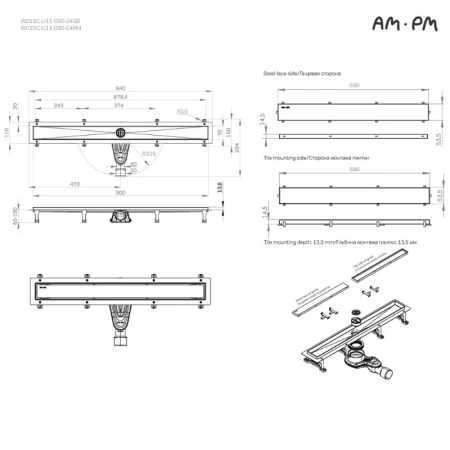 Душевой лоток с решеткой под плитку 90 см Am.Pm MasterFlow W01SC-U11-090-04BM черный матовый