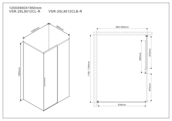 Душевой уголок Vincea  Slim VSR-2SL9012CLB-R (120х90)  матовый черный, стекло прозрачное, правый