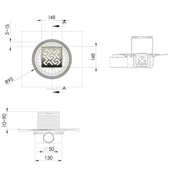 Душевой трап (15х15) Berges Wasserhaus Zentrum Antik 090365 матовый хром