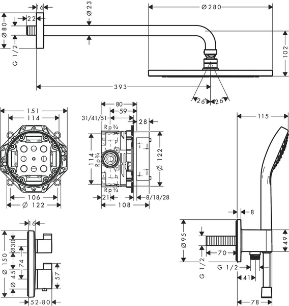 Душевой комплект с термостатом Hansgrohe Croma 280 Ecostat S 1jet 27954000 хром