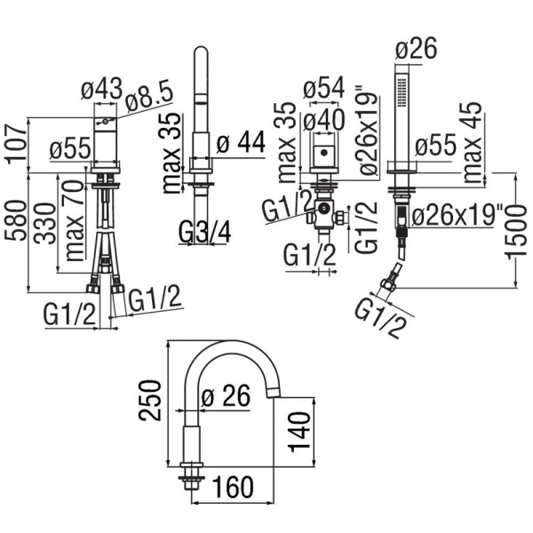 Смеситель на борт ванны Nobili Live WEBK110/9TBM