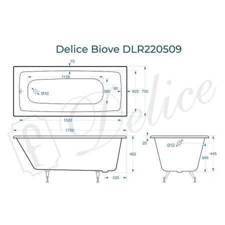 Ванна чугунная (170х75) Delice Biove DLR220509 без ножек и антискользящего покрытия
