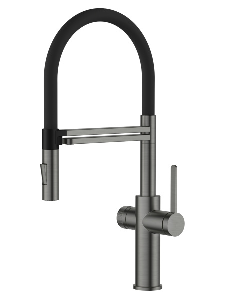 Смеситель для кухни однорычажный с каналом для питьевой воды и гибким изливом Agger Elegant A3252555 оружейная сталь матовая