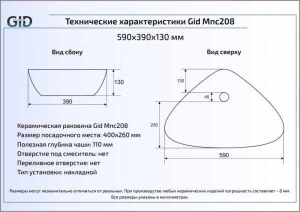 Раковина накладная (59х39) Gid Mnc208