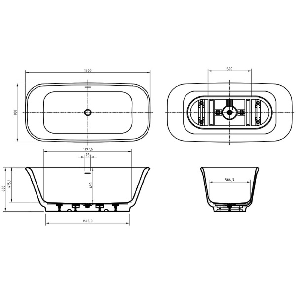 Акриловая ванна (170x80) BelBagno Due BB702-1700-800-K Акриловая ванна (170x80) BelBagno Due BB702-1700-800-K