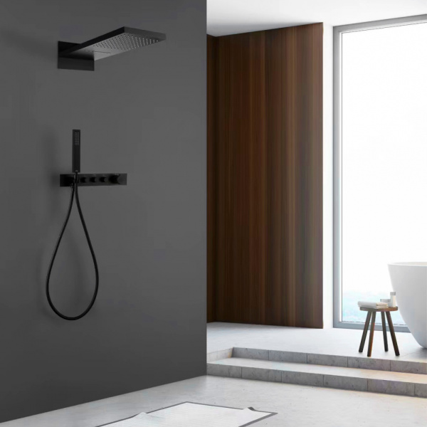 Душевой комплект ABBER Rund AF8752B скрытого монтажа без излива, термостат, черная матовая