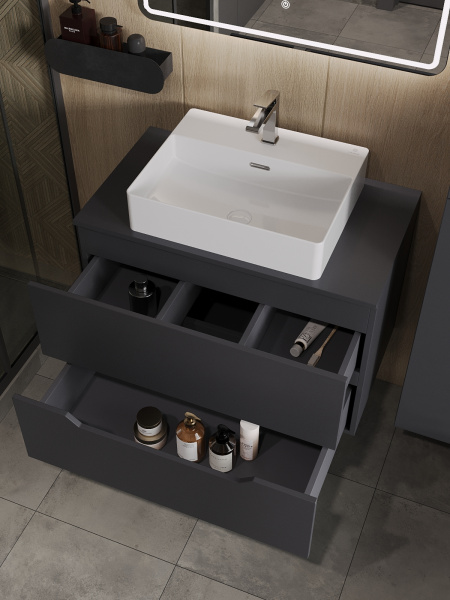 Тумба с раковиной подвесная 80 см, Orange Line Li-80TugMDF+B04-500W графит/белый