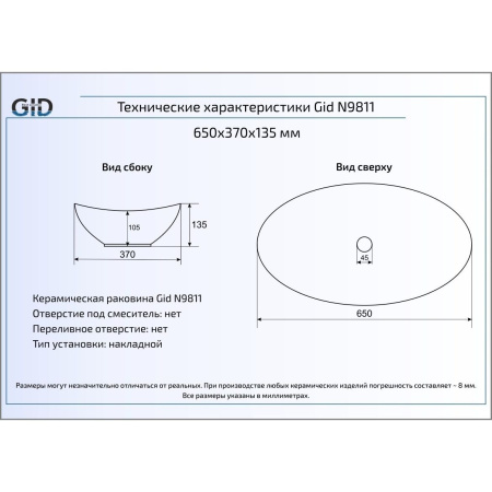 Раковина накладная (61х37) Gid N9811