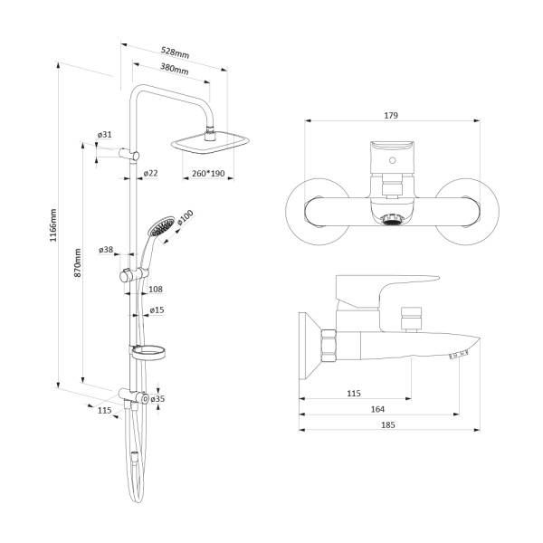 Душевая система с изливом Damixa Origin Evo 2 408781410 Душевая система с изливом Damixa Origin Evo 2 408781410