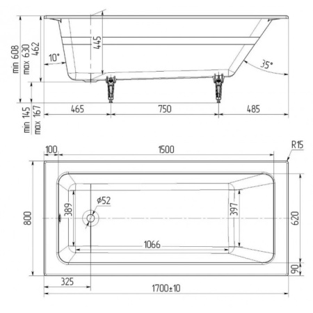 Ванна чугунная (170х80) Delice Parallel DLR220502RB-AS с отверстиями под ручки