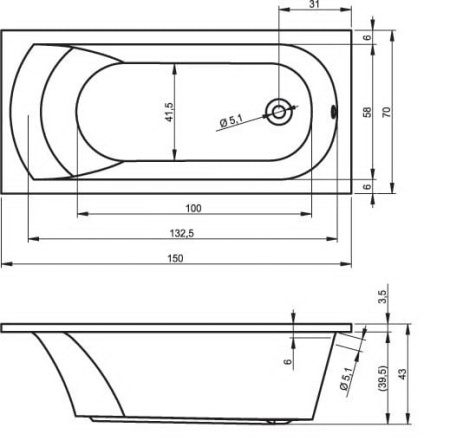 Ванна акриловая RIHO Miami (150x70) B058001005 без гидромассажа