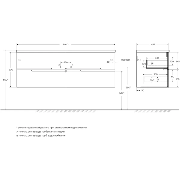 Тумба под раковину Cezares DUET-N-1400-4C-SO-2-BL Bianco Lucido