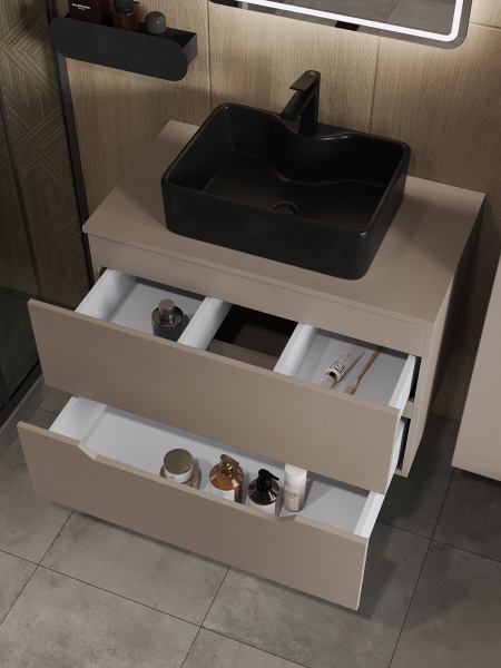 Тумба с раковиной подвесная 80 см, Orange Line Li-80TuLMDF+B01-475MB латте/черный