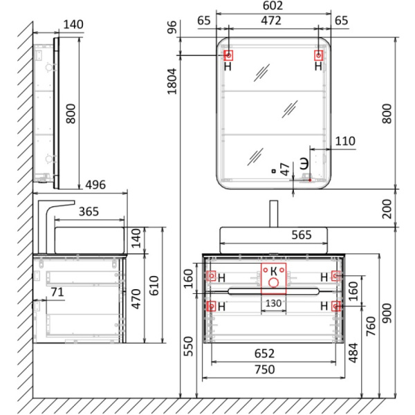 Тумба под раковину Jorno  Bosko 75  Bos.01.75/P/W