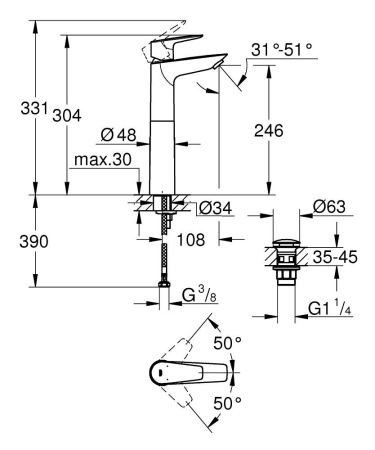 Смеситель для раковины с донным клапаном Grohe Start Edge 23777 001 (23777001) хром 