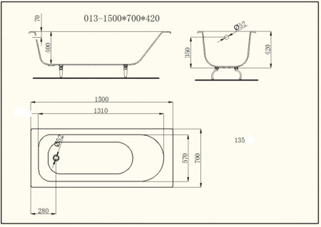 Чугунная ванна (150x70) с ручками Byon V0000218