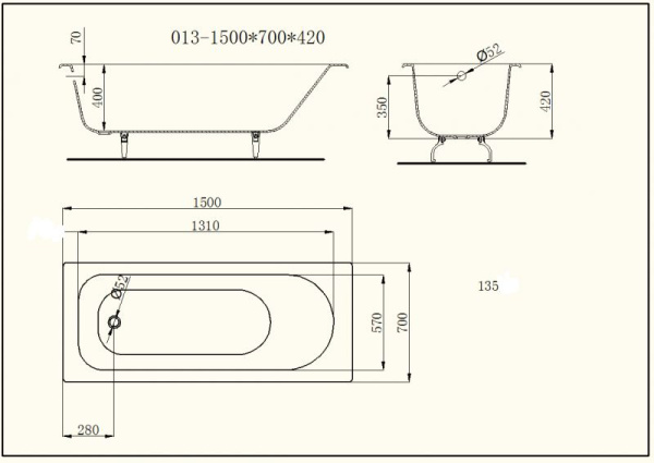 Чугунная ванна (150x70) с ручками Byon V0000218