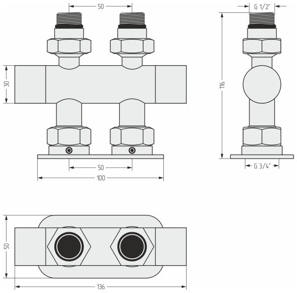 Вентиль Сунержа прямой EU50 (2 х G 1/2" НР х G 3/4" НГ) 00-1417-1234 хром