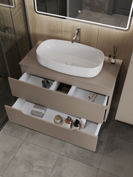 Тумба с раковиной подвесная 100 см, Orange Line Li-100TuLMDF+B07-675W латте/белый